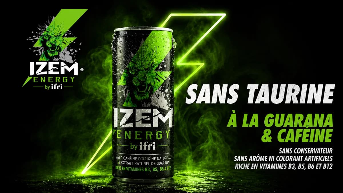 IZEM Energy by Ifri can — "Sans taurine, à la guarana & caféine" key visual from the launch campaign.